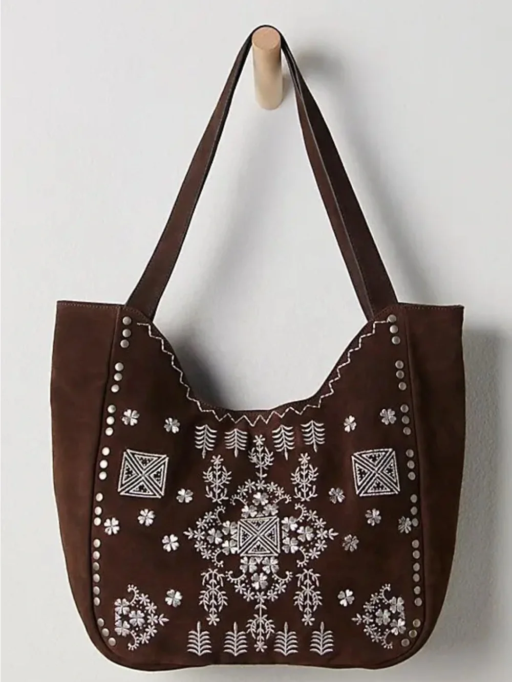 Free People Brown Suede Embroidered Hobo Bag
